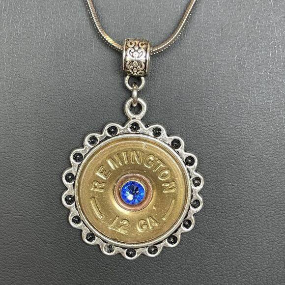 Shotgun Shell 12 Gauge Pendant With Blue Crystal Accent Artisan Made & Crafted - Picture 1 of 5